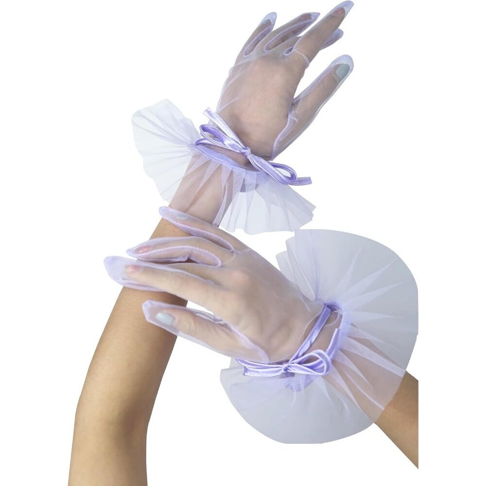 Women's Evening Lavender Ruffles Mesh Tulle Short Gloves Wedding Party Accessory